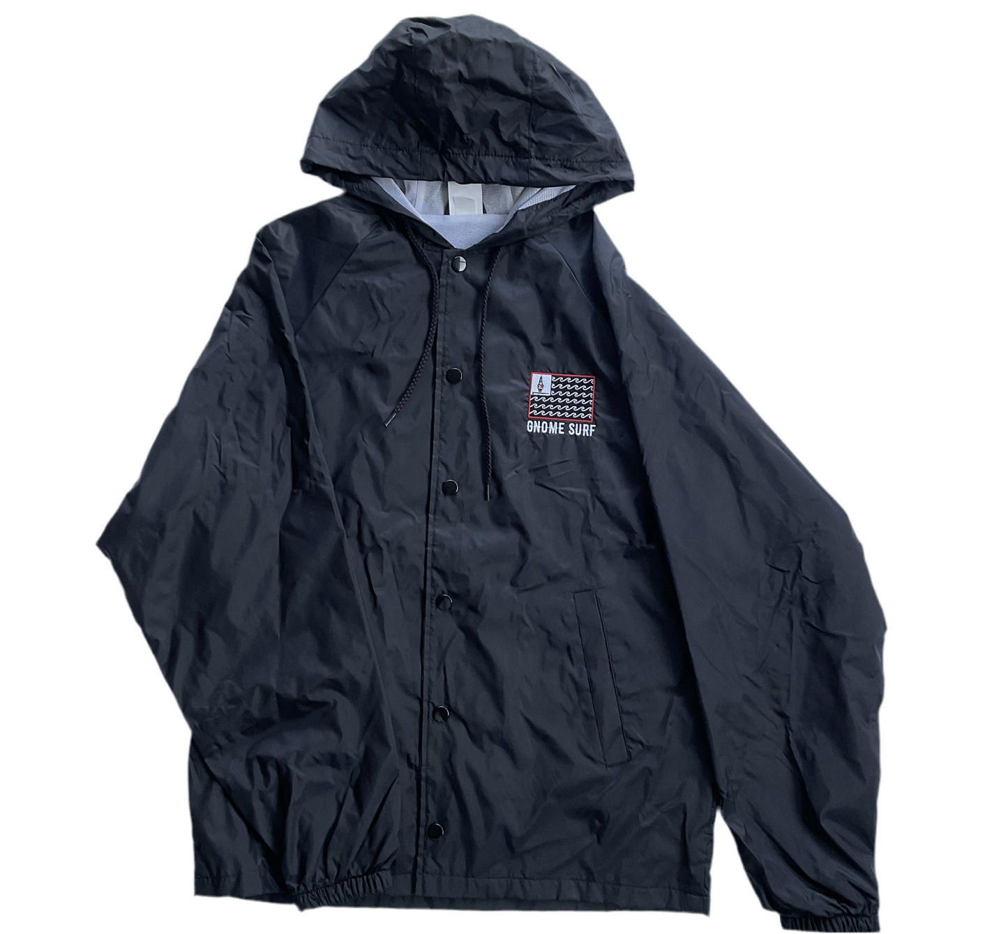 Black hooded windbreaker snap front w/flag